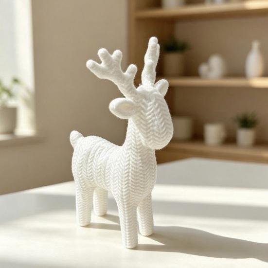 Minimalist Christmas Home Decor 3D Antler Deer Ornament for Decor, White Knitted Modern Winter Wonderland Texture Tabletop Figurine Holiday