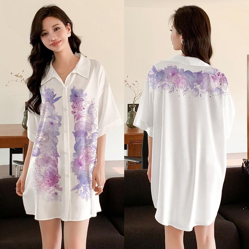 Ropa de Dormir Cómoda de Verano para Mujer Botones Delanteros Seda de Hielo Ropa para el Hogar Suelta Casual Estampada para Descansar