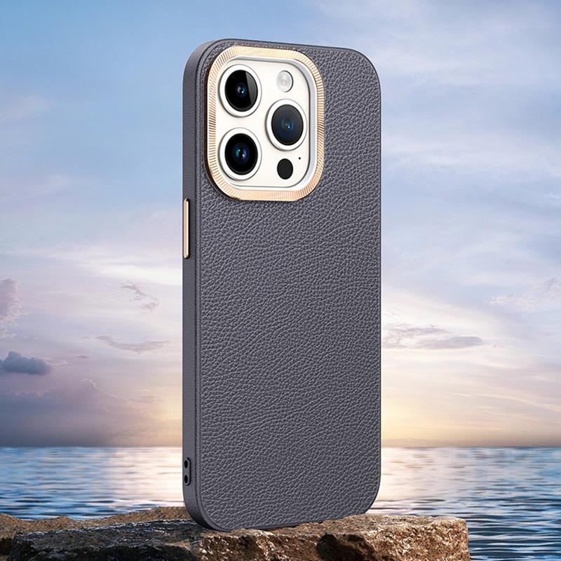 

For iPhone 14 Pro Max Cover PU Leather+TPU Shockproof Phone Case with Metal Lens Frame Grey