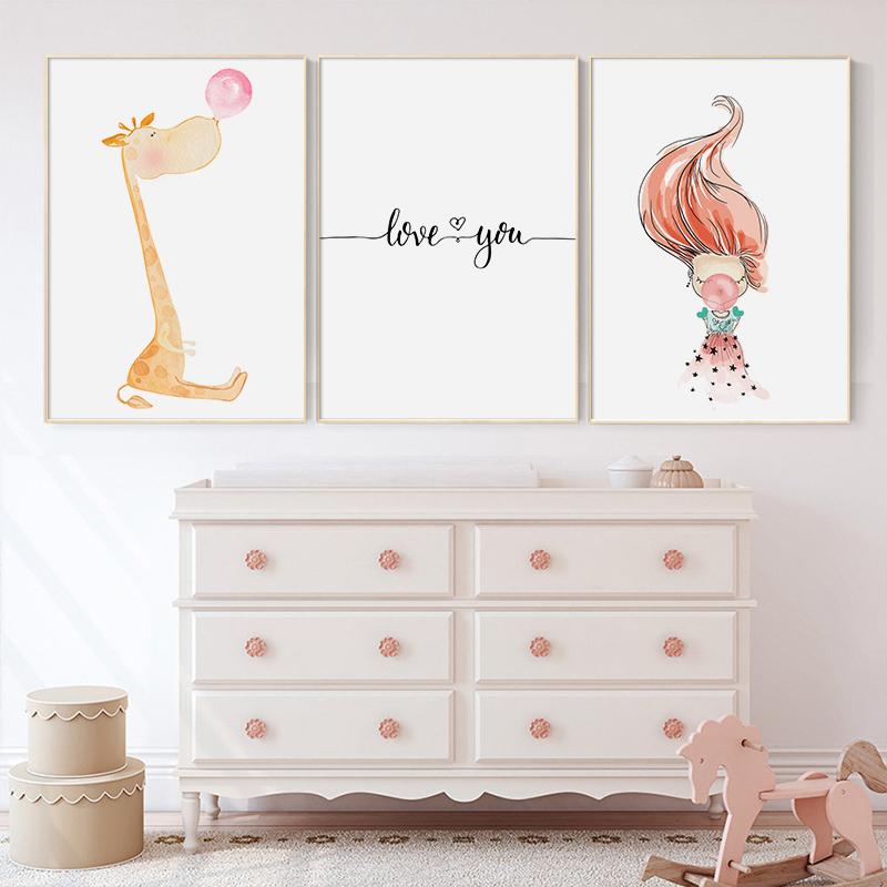 Pink Balloon Girl Giraffe Poster Animal Print Nursery Wall Art Canvas Painting Child Quotes Picture Nordic Kids Baby Room Decor