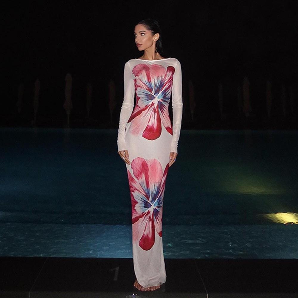 Summer Sheer Flower Print Long Sleeve Dress With High Waist For Teen Travel