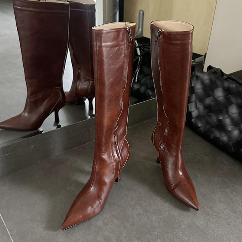 Móda Liyke Vysoce Kvalitní Měkké Útulné Kožené Špičaté Kozačky po Koleno Dámská Móda Zip Podzim Zima Nízké Podpatky Dámské Boty Kotníkové Boty