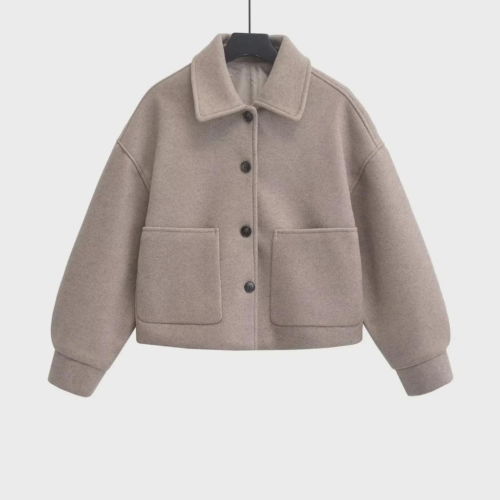 European and American Style Women's Woolen Lapel Coat - Single-Breasted Design 755241