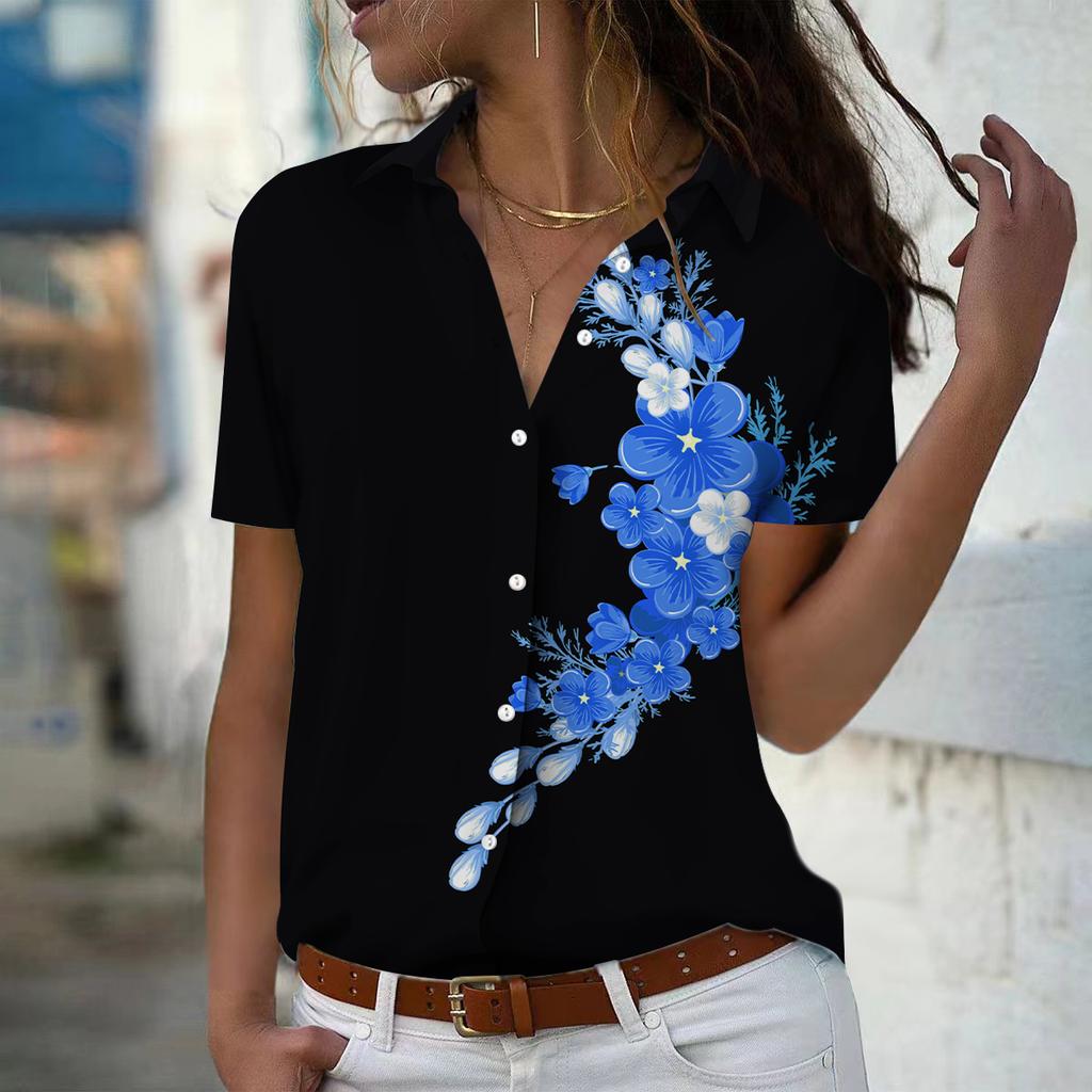 2025 Summer New Fashion Women's Flower Printed Short Sleeve V-neck Casual Button-down Shirt Top