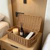 Handwoven Imitation Rattan Wine Basket with Lid Rustic Farmhouse Storage Box for Home Hotel Kitchen Bar Decor Wine Gift Basket