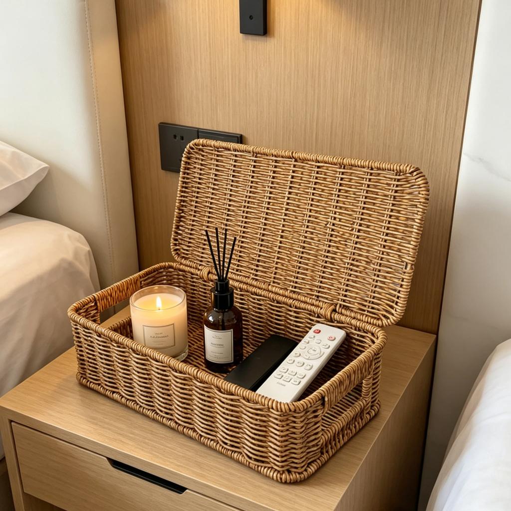 Handwoven Imitation Rattan Wine Basket with Lid Rustic Farmhouse Storage Box for Home Hotel Kitchen Bar Decor Wine Gift Basket