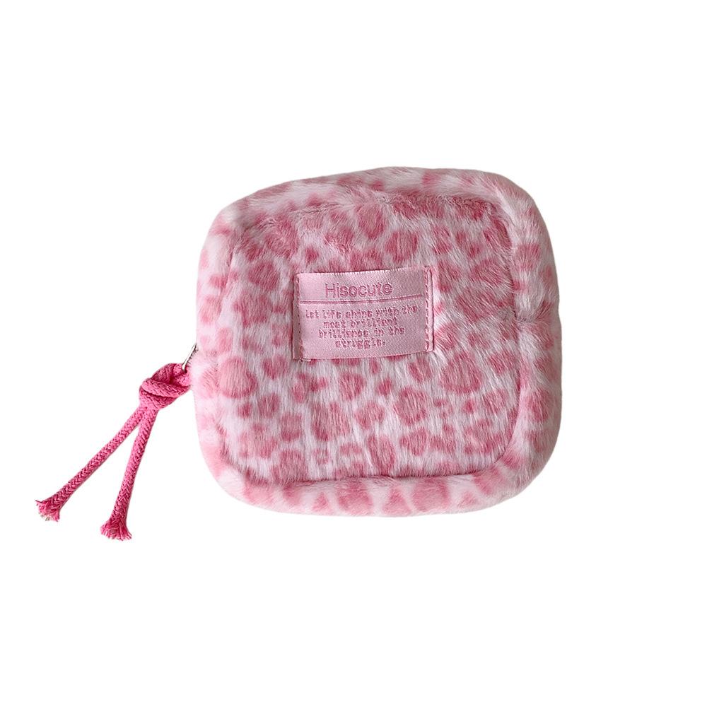 Retro Leopard Print Plush Small Square Bag  Portable Sanitary Napkin Storage Bag for Girls  Student Menstrual Bag  Small Makeup Bag