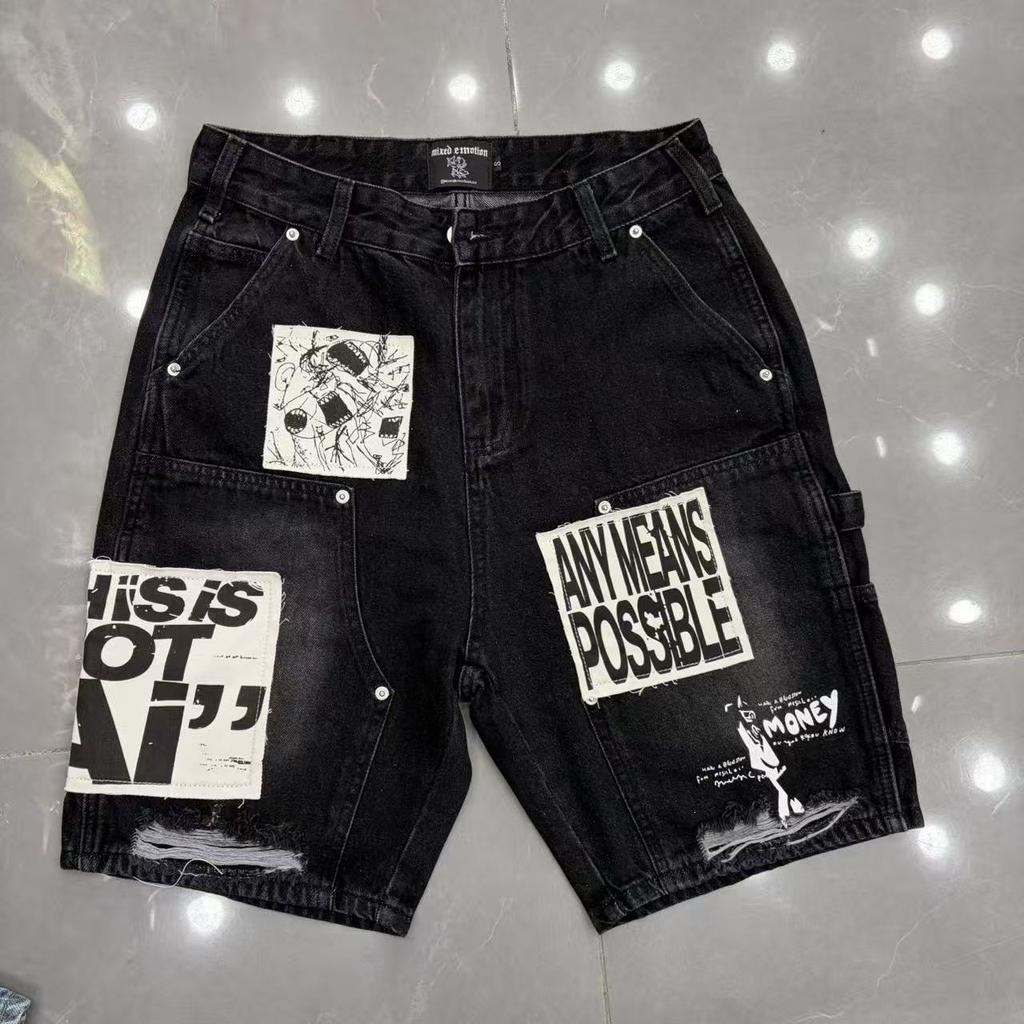 Cross-border trendy brand MIXED & EMOTION sticker printed casual denim shorts men's and women's high street old five-point pants