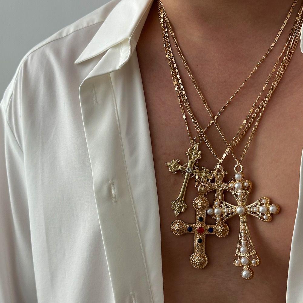 Pearl Men Necklace Ethnic Style Rhinestone Necklace Unique Cross Pendant Necklace  Gift