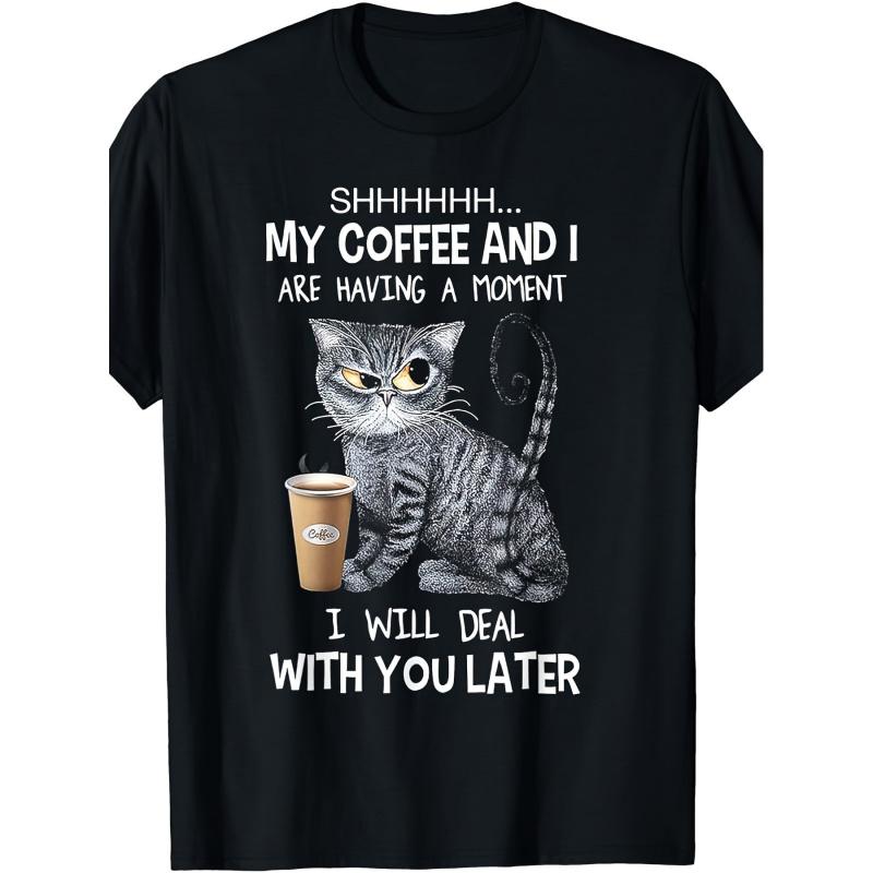 1pc Funny Coffee Cat Print T-Shirt for Men - 100% 180GSM Heavyweight Crew Neck Short Sleeve, Funny "Shhh... My Coffee & I Are Having a Moment" Slogan