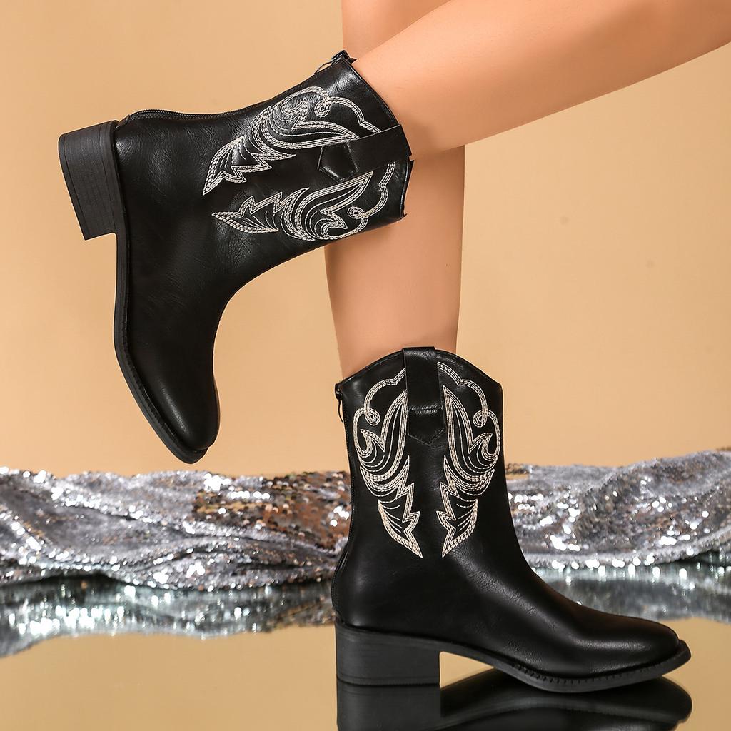 Fashion Fashion Women's Sleeve Embroidered Booties in Spring Autumn with Thick Pointed Heels V-shaped Zippers Are Slim in Western Boots