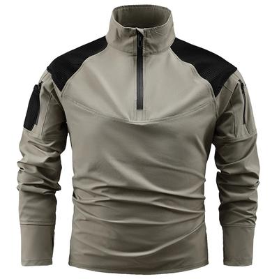 Men Tactical T-Shirts Men Quick Dry Half Zip Long Sleeve Shirts Outdoor Zipper Pockets Combat Training Hiking Long Sleeve T-Shirt
