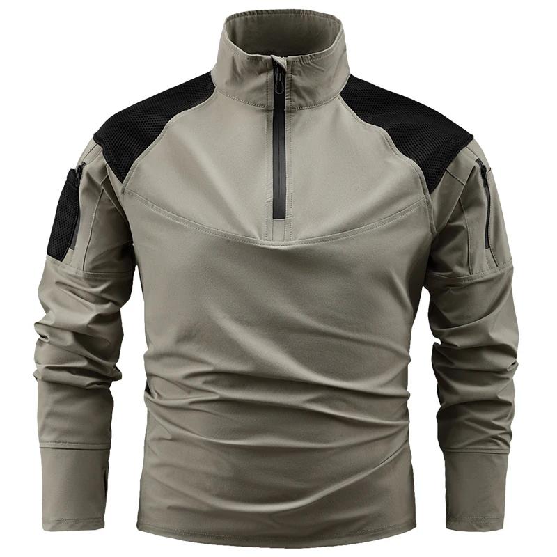 

Men Tactical T-Shirts Men Quick Dry Half Zip Long Sleeve Shirts Outdoor Zipper Pockets Combat Training Hiking Long Sleeve T-Shirt 3XL хакі