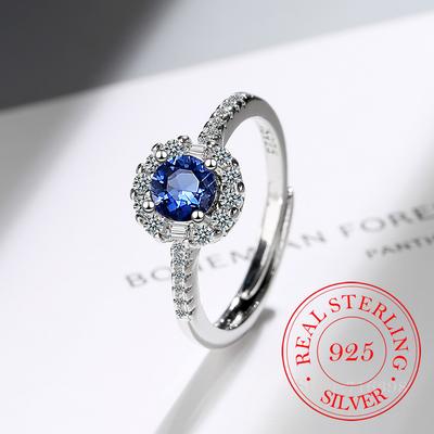 925 Sterling Silver New Woman Fashion Jewelry High Quality Crystal Zircon Blue Sapphire Open Adjustable Ring Anillos
