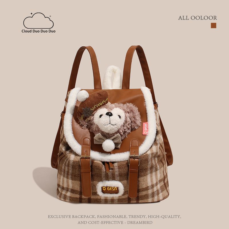 

Cute Cartoon Duffy Bear Plush Backpack Women s New Arrival Schoolbag Plaid Patchwork Computer Bag Large Capacity Hiking Backpack Duffy Backpack