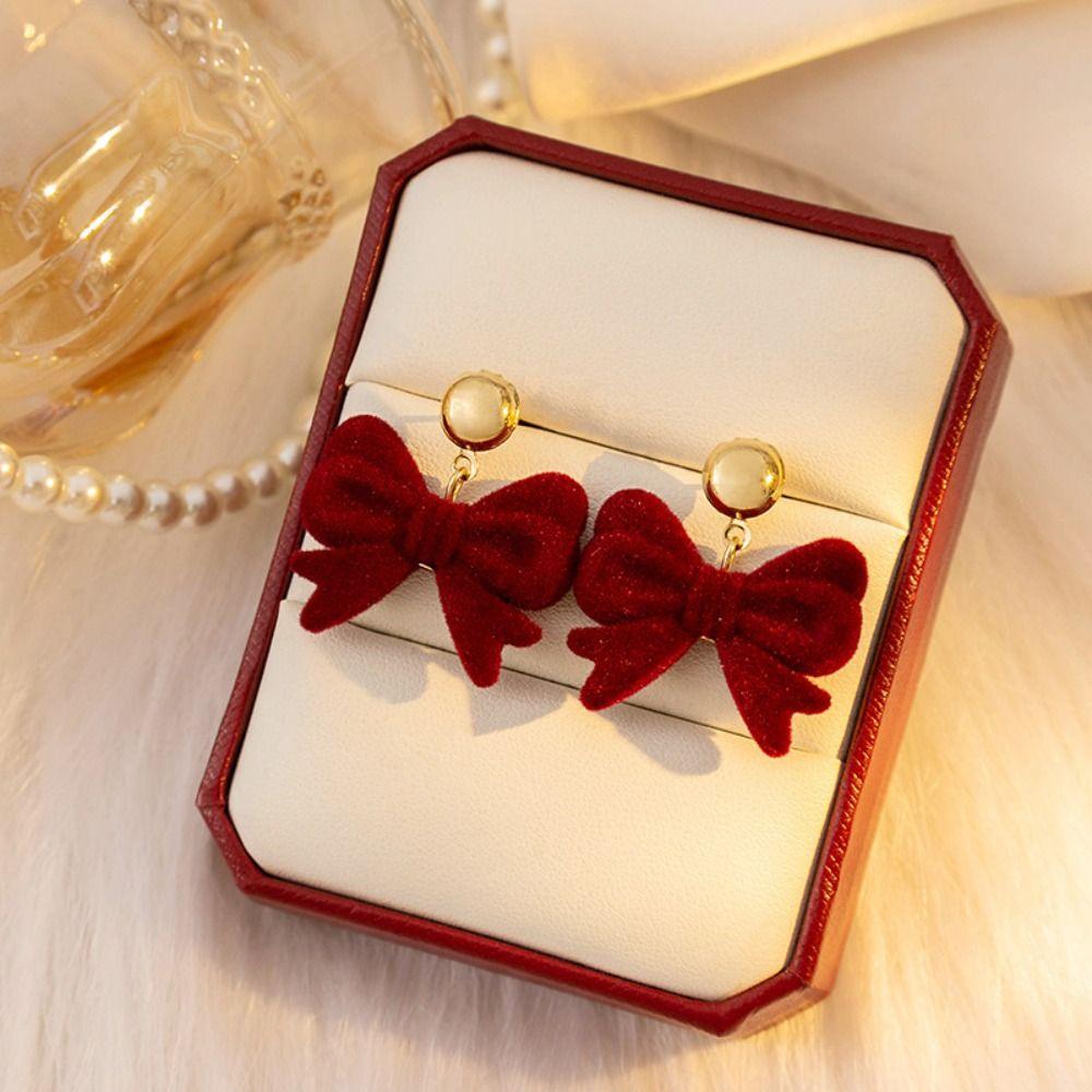 Red Long Tassel Chain Flocking Earrings NEW Bow Dangle Earrings  New Year Gift