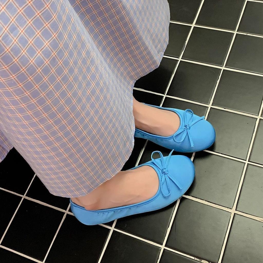 One-pedal blue ballet flat shoes women's 2025 new satin gentle bow round head flat shoes