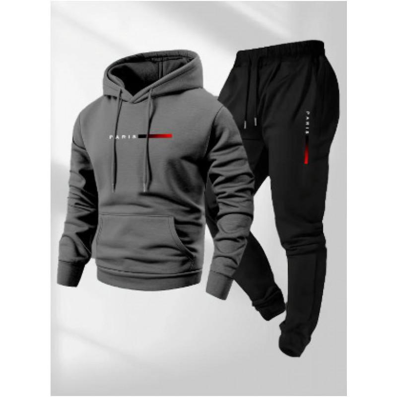Unisex Paris Letter Print Hooded Sweatshirt Drawstring Jogger Set Winter Warm Casual Sportswear