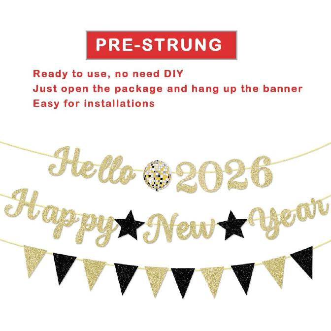 2026 New Year Holiday Decoration Banner Golden Letter Glitter Hello 2026 Happy New Years Banner Black Triangle Flag Star for Happy New Year