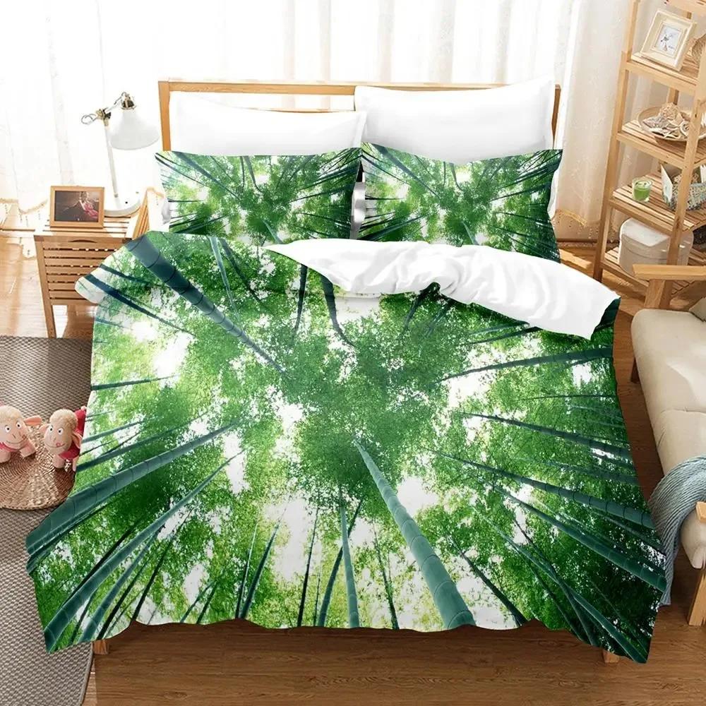 Bettwäsche-Set „Wald“, Wald mit schattigen Bäumen, traumhafte Waldlandschaft, Naturmotiv, Bettwäsche-Set, Queen-Size, Grün-Braun