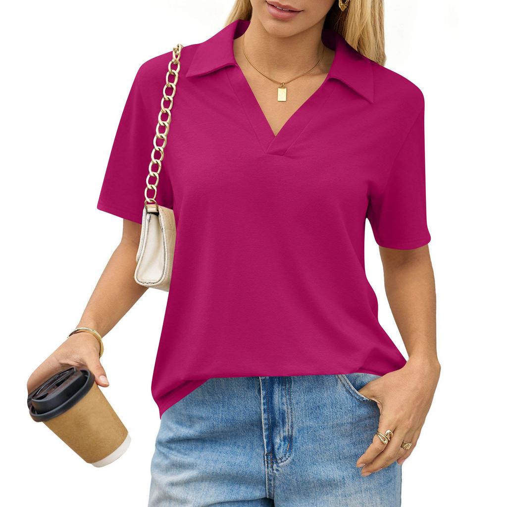 Women's Fashion Casual Lapel Short Sleeve Solid Color Shirt Women's Up Tops