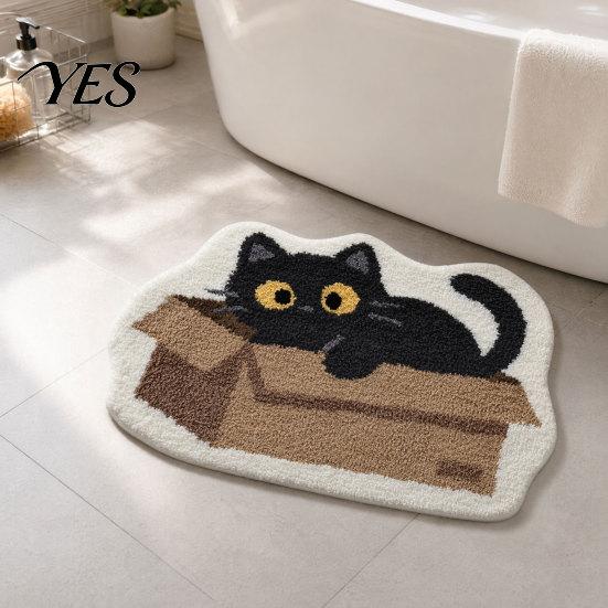 Anti-slip Floor Mat Plush Bathroom Rug, Non-Slip Absorbent Fluffy Mat, Cute Sturdy Black Cat Door for Entrance Bedroom Living Room Wear-resistant