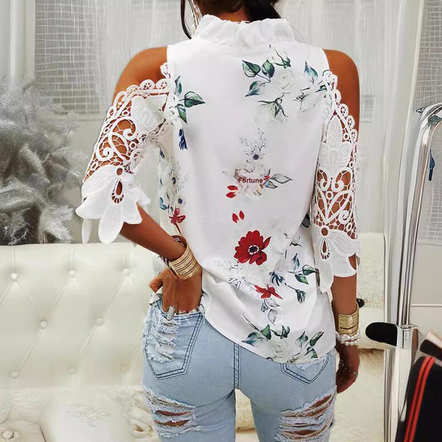 Summer New Women's Top Floral Print Off-Shoulder Lace Patchwork Long Sleeve T-Shirt for Women