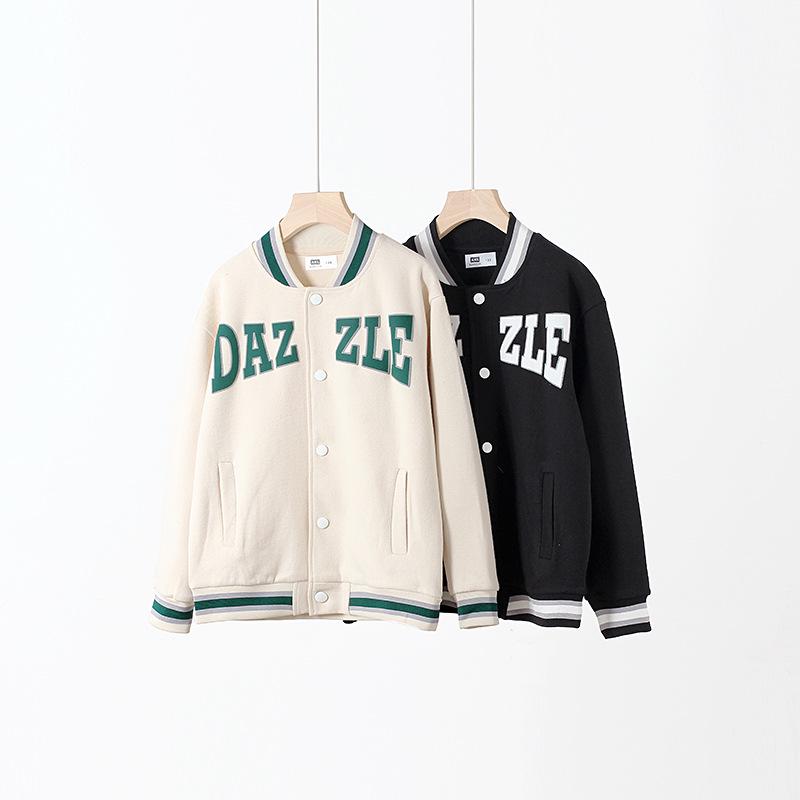 Korean Style Kids' Letter Stand Collar Baseball Jackets for Spring & Autumn