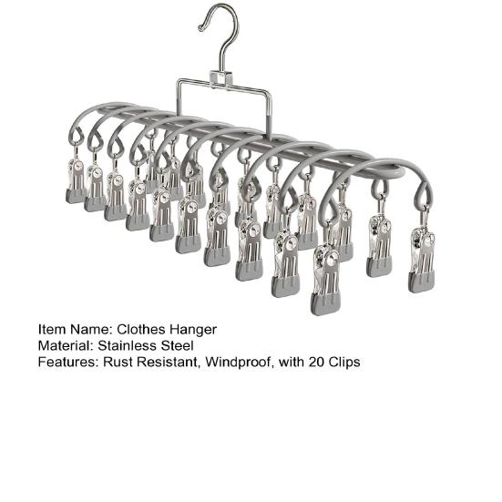 Windproof Clothes Hanger Stainless Steel Drying Rack Hanger 20 Clips Sock for Socks Underwear Clothes Towels