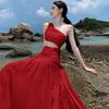 French Red Hollow Slanted Shoulder Sleeveless Dress Women's Summer High Sense Seaside Vacation Temperament Slim Long Skirt