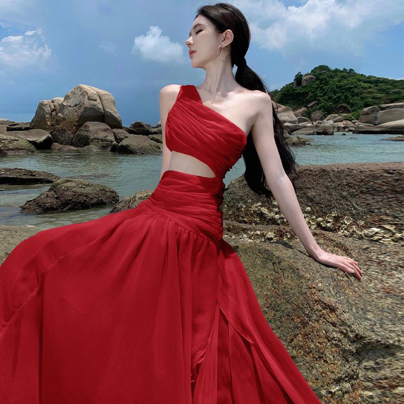 French Red Hollow Slanted Shoulder Sleeveless Dress Women's Summer High Sense Seaside Vacation Temperament Slim Long Skirt