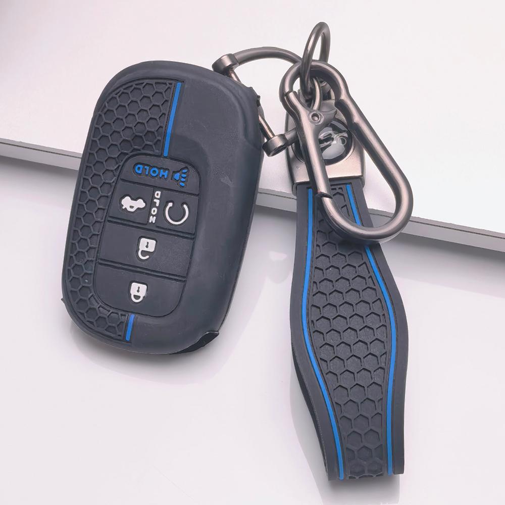 Silicone Smart Key Fob Cover for Honda Fit Civic Accord Inspire HRV CRV Pilot with Keychain Honeycomb Texture Racing Stripe Smart Remote Key Protector