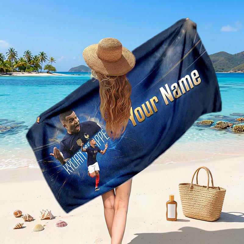 Kylian Mbappe Custom Beach Towel, Personalized Name Text Print, Football Logo Soft Quick‑Dry Towel Holiday Gift