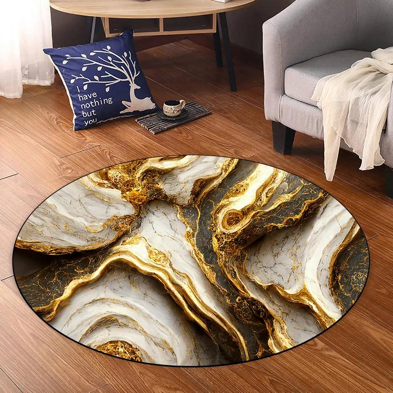 Golden Luxury Round Carpet Decoration Home Living Room Rugs Modern Abstract Carpets for Rooms Soft Non-slip Bedroom Mat Bedside