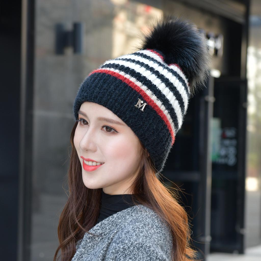 Autumn and Winter Woolen Imitation   Wool Ball Knitted Colorful Striped Hat Warm Ear Protecting Hat  Slimming Face Casual Trendy Hat