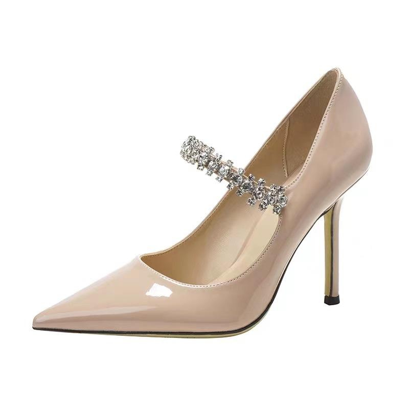 Summer 2024 New French Nude Gentle Rhinestone Pointed-toe High Heels Stiletto Patent Leather Mary Jane Single Shoes Women
