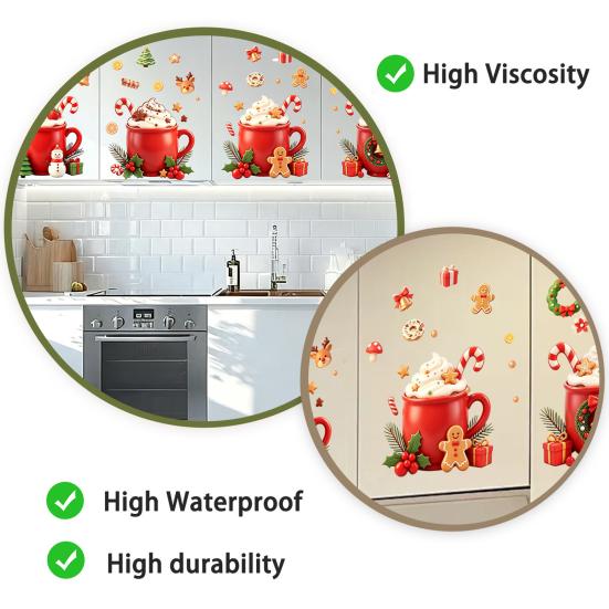 Self Adhesive Refrigerator Decor 2Pcs Christmas Hot Drinks Wall Stickers for Kitchen Cabinets, Self-Adhesive Art Holiday Fridge Decorations