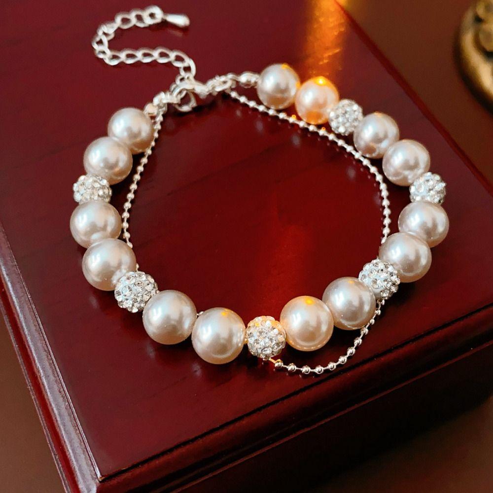 Charm Pearl Crystal Bracelet Shining Zircon Double Layer Bracelet Sweet Beaded Hand Bangle  Party