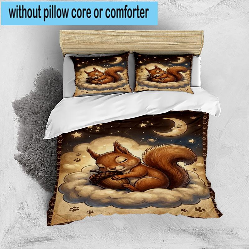 Squirrel Dreams Under Moonlight 3pcs Bedding,Including 1pc Duvet Cover And 2pcs Pillowcases Perfect for Christmas,Ideal for Bedroom, Dormitory