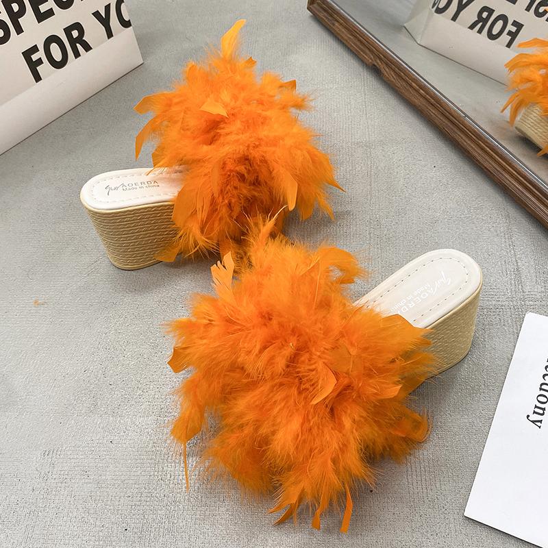 Fashion Aphixta New 7CM Wedge Heel Slides Colorful Real Fur Women Slippers Furry Summer Shoes Platform Hair Slides Big Size 43 Sandals