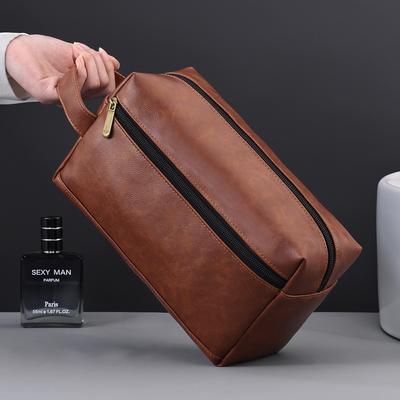 Men Leather Travel Business Shaving Cosmetic Bag Strorage Portable Toiletry Bag Large Capacity Organizer Handheld Wash Bag