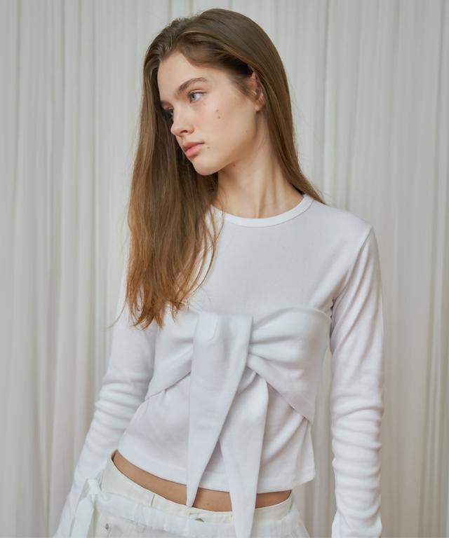 RONRON Knot Bustier Ribbon Long Sleeve T Shirt White