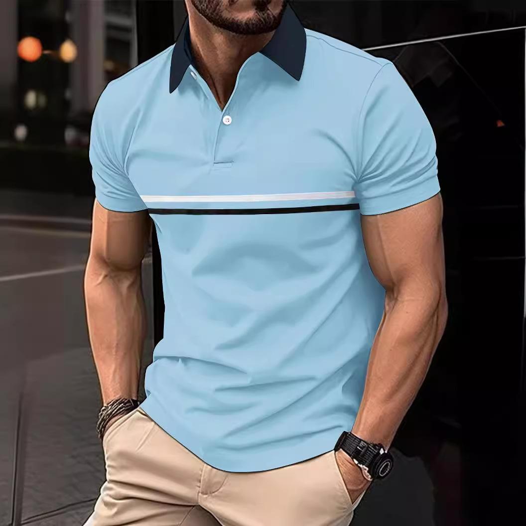 

Весенняя мужская рубашка-поло в горизонтальную полоску, однотонная футболка с коротким рукавом и лацканами, повседневные облегающие топы, мужская одежда XL синий
