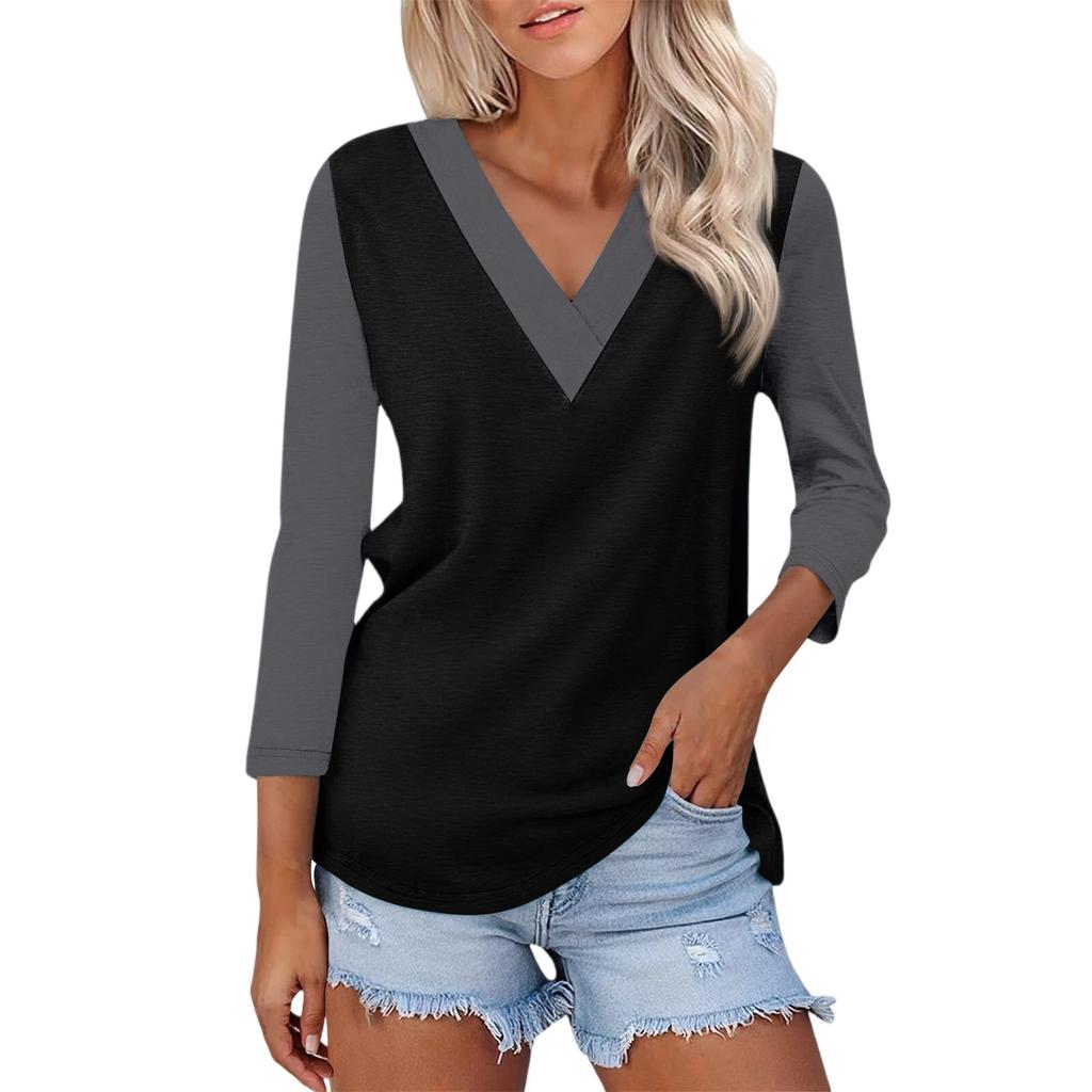 Women's Casual Fashion Sexy Comfortable V-neck Stitching Color Three-quarter Sleeve Top
