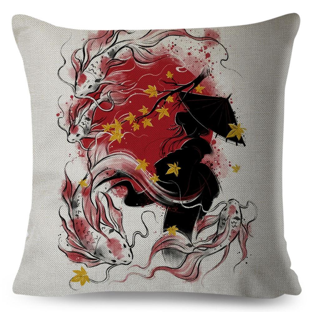 Japanese Style Ink Cushion Cover for Sofa Home Car Decor Beautiful Scenery Cat Girl Pillowcase Polyester Pillow Case 45x45cm