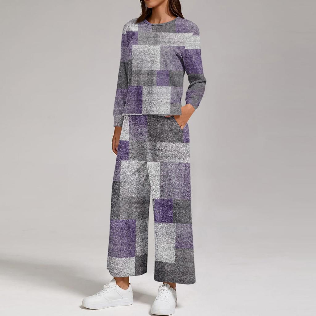 Women's Casual Round Neck Loose Fit Sweatshirt and Pants Set with Printed Split Hem