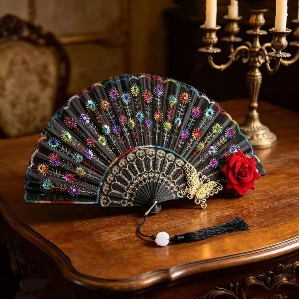 Paljettprydd Spansk Handfläkt Broderad Flamencodansfläkt Ny Gotisk Dansfläkt