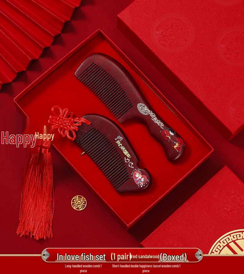 Double Happiness Red Wood Bride Gift Set: Mirror & Comb Collection