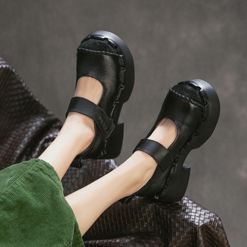 Johnature Genuine Leather Thick Soled High Heels Pumps Fashion Round Toe Women's Platform Shoes