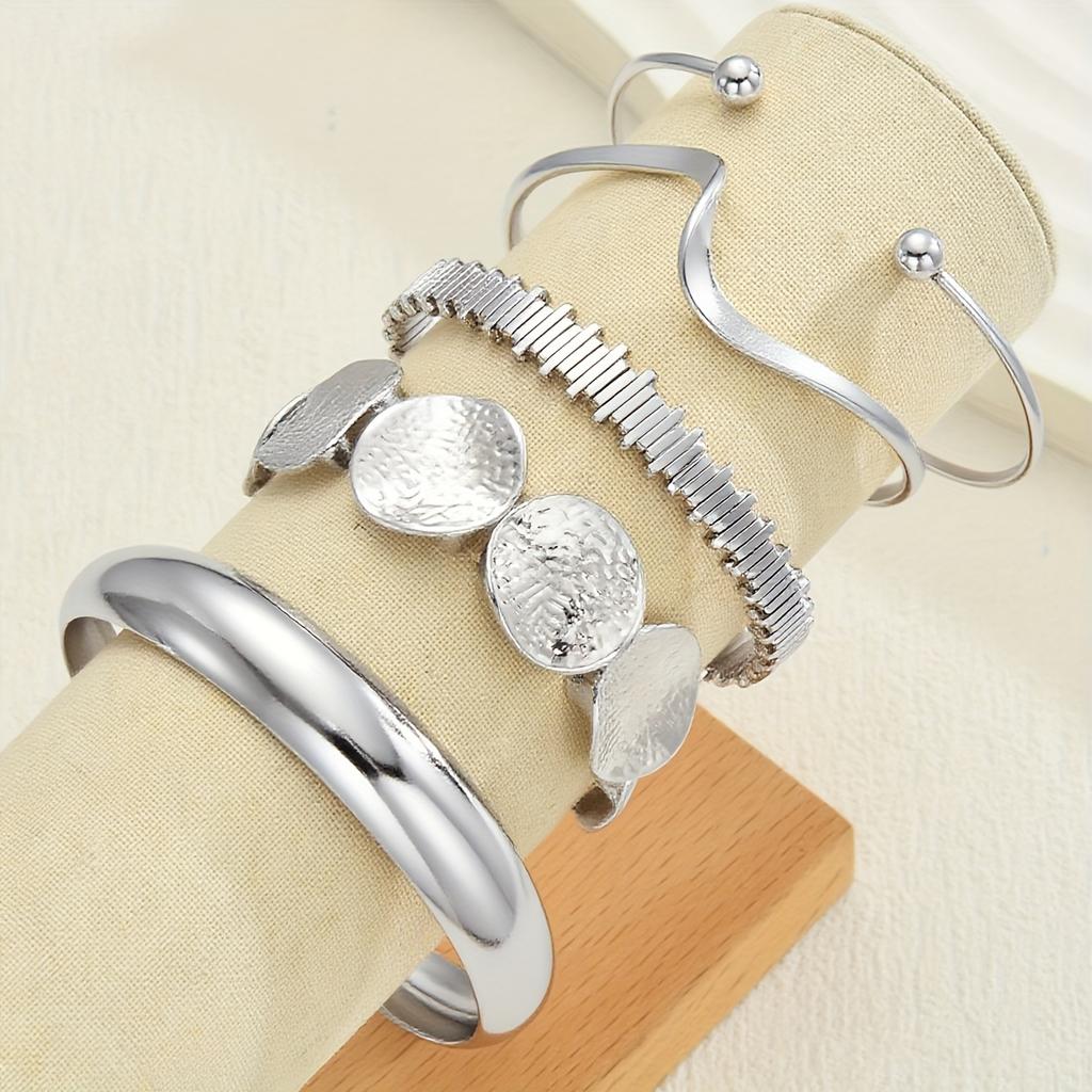 5 pièces mode rétro élégant métal style vieux argent géométrique irrégulier vague noué disque large face bracelet argenté personnalité tendance